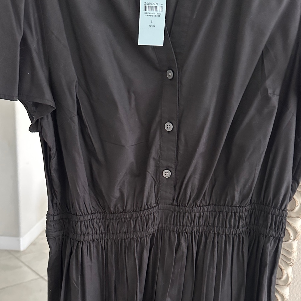 LOFT Cotton Black Button-Front Smocked Waist Midi Dress LP